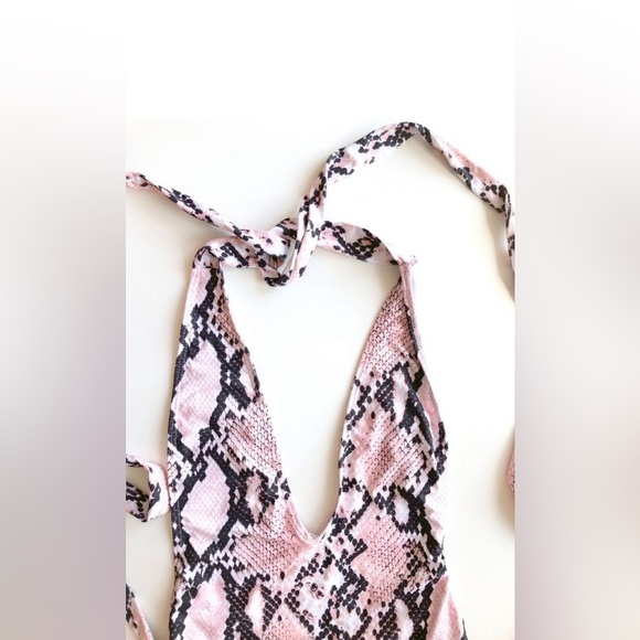 NWOT SHEIN Pink Black Python Snake Deep-V One Piece Wraparound Swimsuit, Size S - Picture 2 of 7